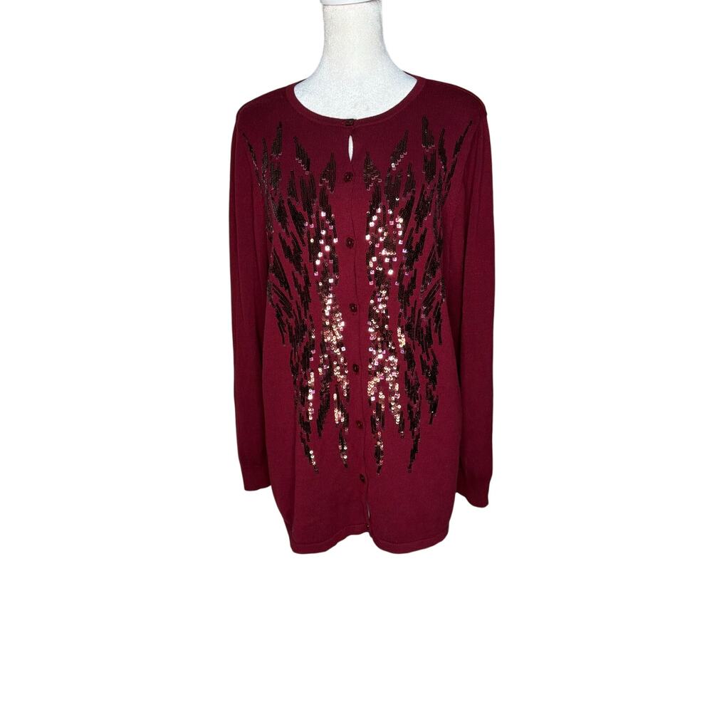 Bob Mackie Wearable Art Cardigan L Burgundy Sequin Cotton Blend Button Front